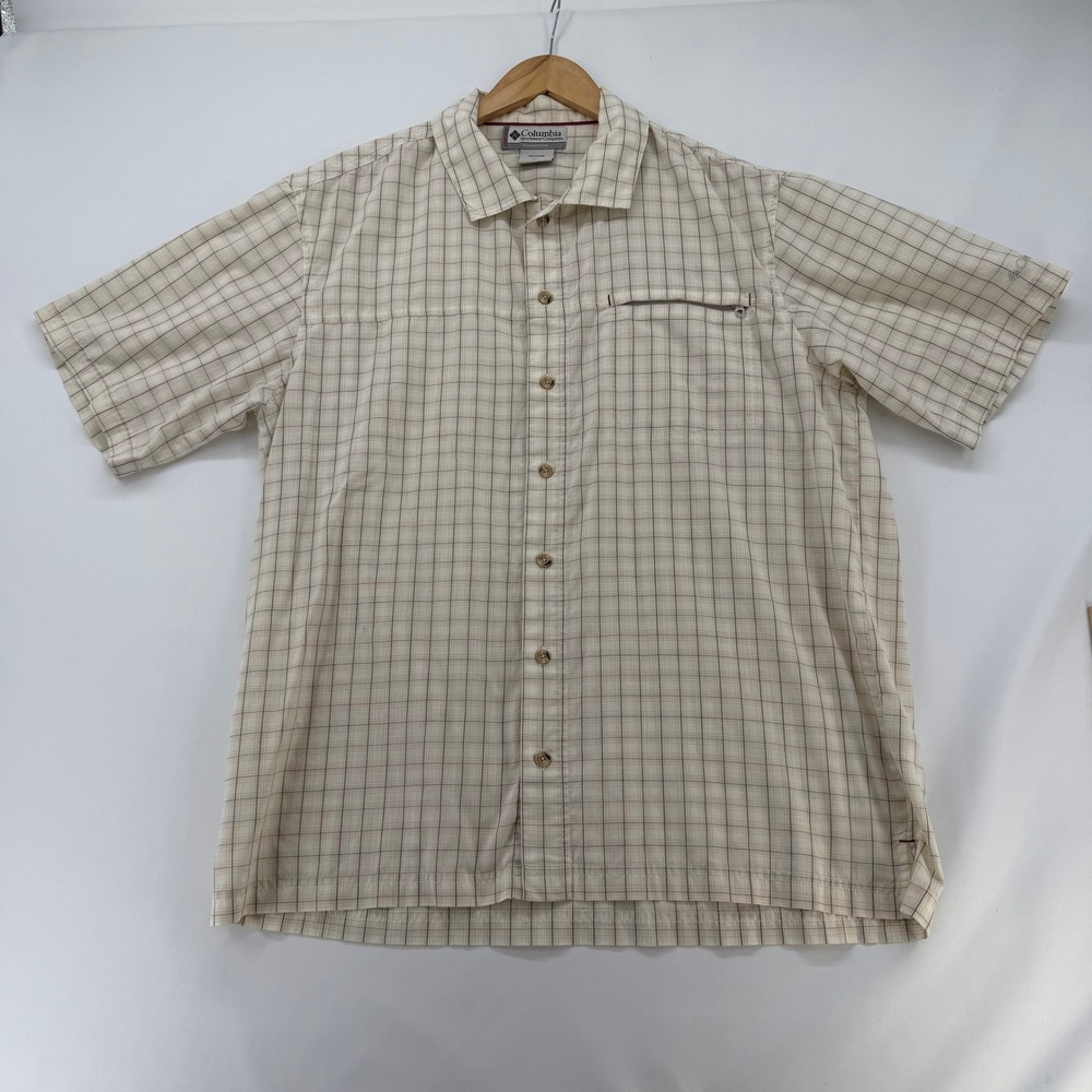 Columbia Vertex Mens Large Tan Plaid Short Sleeve Zipper Pocket Hiking Shirt
